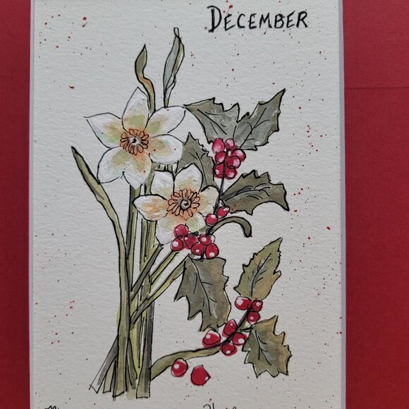 Original  Watercolor Christmas Holly Narcissus Painting Art 8" x 10" Mat - Picture 4 of 7